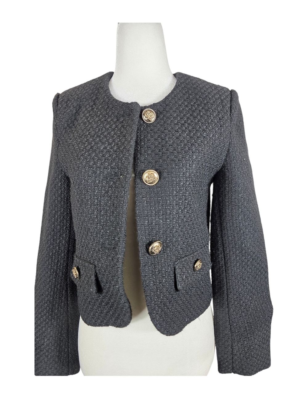 Urban Revivo Textured Tweed Cropped Collarless Blazer with Gold Buttons